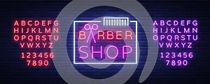 Barber shop logo neon sign, logo design elements. Can be used as a header or template for logos, labels, cards. Neon