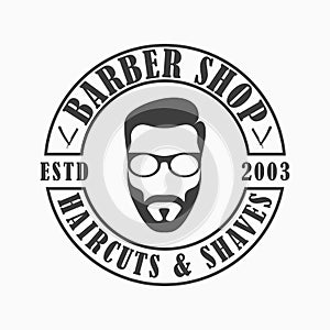 Barber Shop logo. Template emblem of Hairdressing salon with face man with beard and glasses, straight razor. Vector.