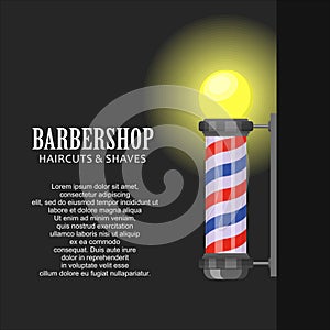 Barber shop pole with stripes on dark background. Barbershop sign, hairdresser symbol in flat style. Banner template