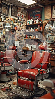 A barber shop with red chairs and mirrors in a room, AI