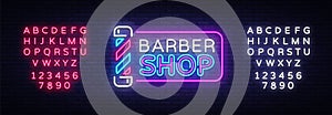 Barber Shop sign vector design template. Barber Shop neon logo, light banner design element colorful modern design trend