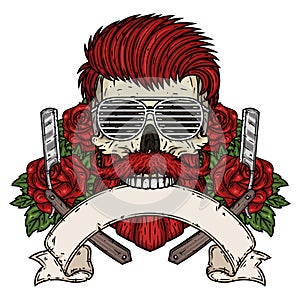 Barber Skull. Hipster skull with barber blade, roses and ribbon for your text. Illustration for barbershop.