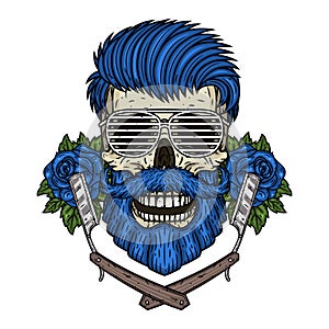 Barber Skull. Hipster skull with barber blade, roses and sunglasses. Illustration for barbershop.