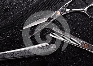 Barber tool close-up. Wet barber scissors