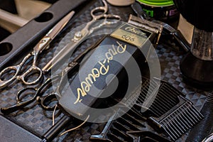 Barber tool set with scissors.