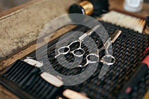 Barber Tools And Equipment In Barber Shop Hair Salon Close Up.