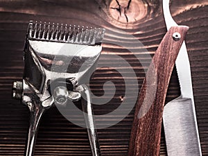 Barber tools. vintage clipper straight razor. hairbrush