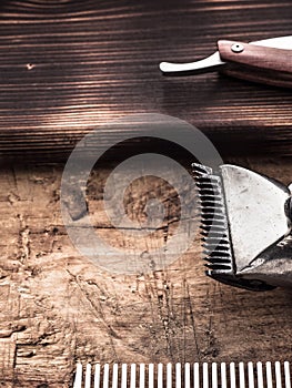 Barber tools. vintage clipper straight razor. hairbrush