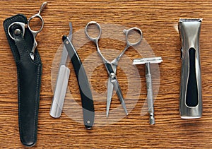 Barber Tools On Wooden Background