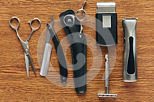 Barber Tools On Wooden Background