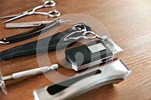 Barber Tools On Wooden Background