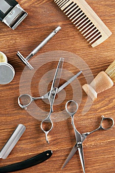 Barber Tools On Wooden Background