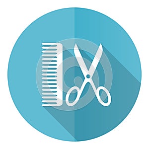 Barber vector icon, flat design blue round web button isolated on white background