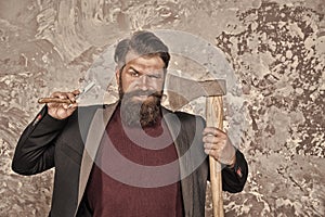 Barber will take care of you. Professional barber abstract background. Bearded man hold barber tools. Vintage shaving