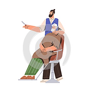 Barber works with elderly client in chair. Modern hairstylist man happy with haircut and beard grooming done. Old senior