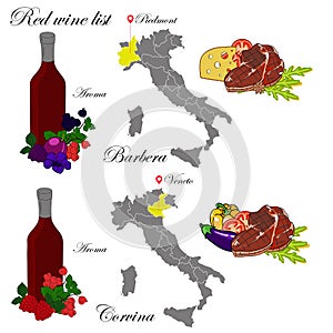 Barbera and Veneto. The wine list. An illustration of a red wine. photo