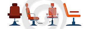 Barbers or hairdressers chair side view, flat vector illustration or icon set. Barbershop modern equipment and furnishing element
