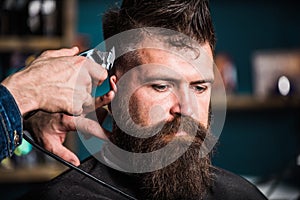 Barbers hand with hair clipper trimming. Stylish haircut concept. Hands of barber with clipper close up. Hipster bearded
