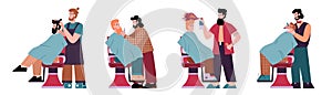 Barbers shaving clients in barbershop, cartoon vector illustrations isolated.