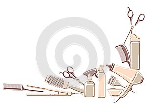 Barbershop background with professional hairdressing tools. Haircutting illustration.