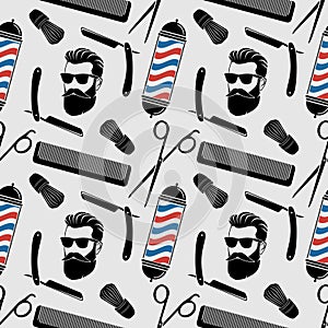 Barbershop background, seamless pattern with hairdressing scissors, shaving brush, razor, comb, hipster face and barber pole.