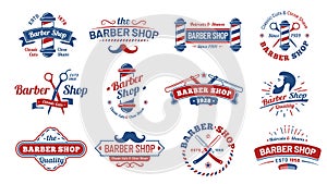 Barbershop badges. Vintage barber label, retro shave salon badge and gentleman haircut old sign vector illustration set photo