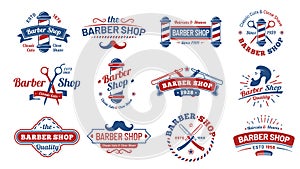 Barbershop badges. Vintage barber label, retro shave salon badge and gentleman haircut old sign vector illustration set