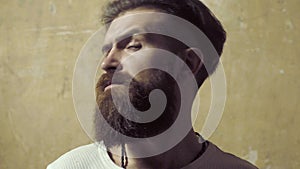 Barbershop Barbers and Barber salon. Solid man with beard and mustache. Closeup portrait of athletic bearded man. Lack