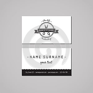 Barbershop business card design concept. Barbershop logo with scissors and ribbon. Vintage, hipster and retro style.