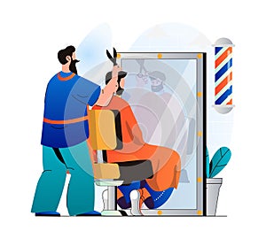 Barbershop concept in modern flat design. Hairdresser cutting client hair in male salon. Man customer came to stylist to get