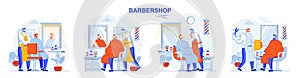 Barbershop concept set. Male haircut and shave, beard and hair care in salon. People isolated scenes in flat design. Vector