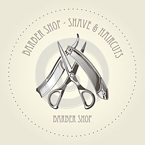 Barbershop emblem with old straight razor and scissors overlapping, barber shop logo