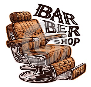 Barbershop emblem. Retro barber chair. Vintage hairdressing salon armchair. Vector illustration