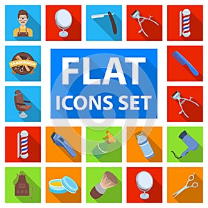 Barbershop and equipment flat icons in set collection for design. Haircut and shave vector symbol stock web illustration