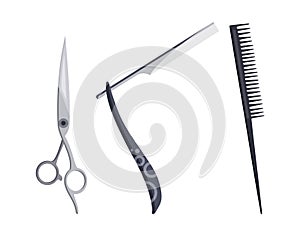 Barbershop equipments. Vintage barber shop set items. Scissors razor and comb. Haircuts salon design elements