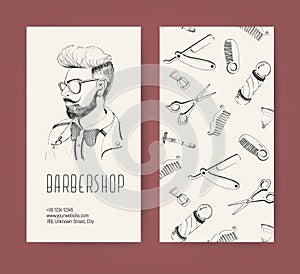 Barbershop flyer with barber tools and trendy man haircut. Monochrome vector illustration.