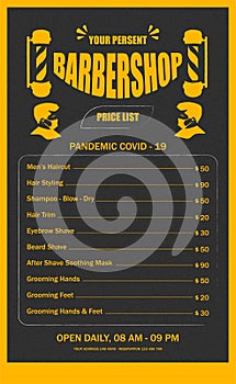 Barbershop flyer design menu tamplate, price list haircut for corona pandemic