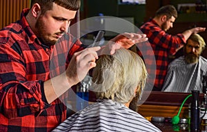 Barbershop grooming. Personal stylist barber. retro and vintage. Designing haircut. barber tools in barbershop. handsome