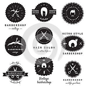 Barbershop (hair salon) logo-badges vintage vector set. Hipster and retro style.