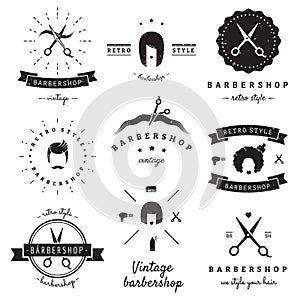 Barbershop (hair salon) logo vintage vector set. Hipster and retro style.