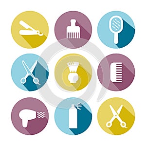 Barbershop (hair salon) vector icons set (light blue, light yellow, light violet).