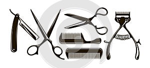 Barbershop items such as scissors, comb, razor, mechanical hair clipper. Retro vector silhouettes