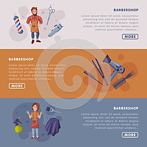 Barbershop Landing Page Templates Set, Hairdressing Salon, Hair Studio Service Website Interface Cartoon Vector