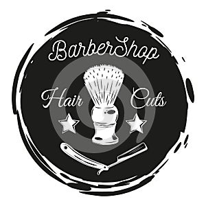 Barbershop lazor blade, shaving brush, stamp style, black and white cirle with text hair cuts
