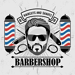 Barbershop Logo with barber pole and bearded men in vintage style.