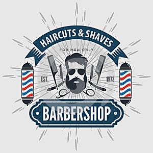 Barbershop Logo with barber pole in vintage style. Vector template