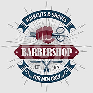 Barbershop logo design with hand holding scissors
