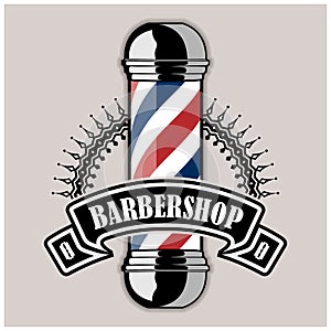 Barbershop logo, poster or banner design concept with barber pole. Vector illustration