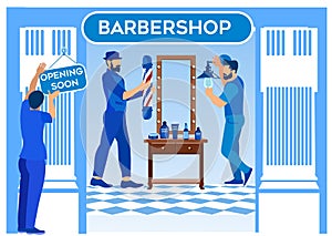Barbershop Opening, Workers Hanging Signboard