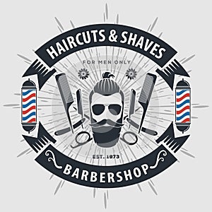 Barbershop poster, banner, label, badge, or emblem on gray background with barber pole in vintage style. Vector illustration